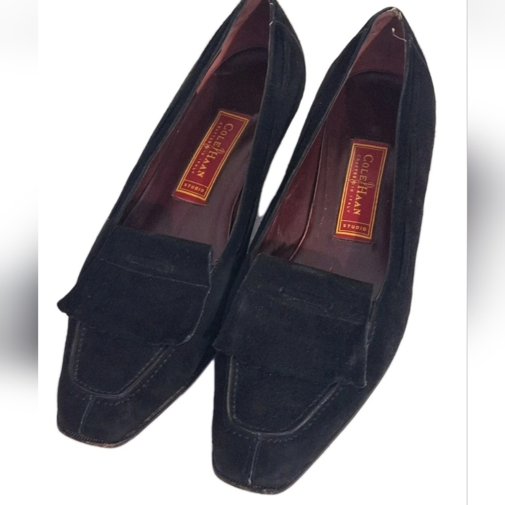 Cole Haan Vintage Black Leather Suede Kiltie Loafer Heels Dress Shoes Size 9B